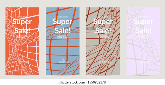 Abstract wireframe social media template with visual distortion effect. Optical art background. Warped 3D space. Futuristic vector illustration with grid on flat colored background