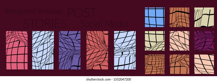 Abstract wireframe social media template with visual distortion effect. Optical art background. Warped 3D space. Futuristic vector illustration with grid on flat colored background