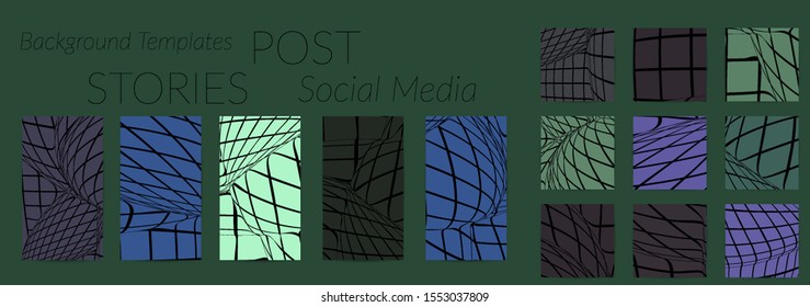 Abstract wireframe social media template with visual distortion effect. Optical art background. Warped 3D space. Futuristic vector illustration with grid on flat colored background