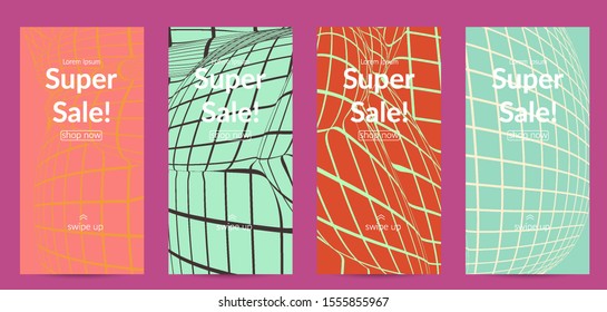 Abstract wireframe social media template with visual distortion effect. Optical art background. Warped 3D space. Futuristic vector illustration with grid on flat colored background
