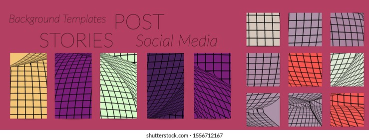 Abstract wireframe social media template with visual distortion effect. Optical art background. Warped 3D space. Futuristic vector illustration with grid on flat colored background