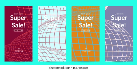 Abstract wireframe social media template with visual distortion effect. Optical art background. Warped 3D space. Futuristic vector illustration with grid on flat colored background