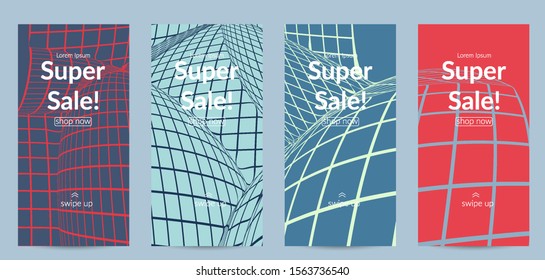 Abstract wireframe social media template with visual distortion effect. Optical art background. Warped 3D space. Futuristic vector illustration with grid on flat colored background