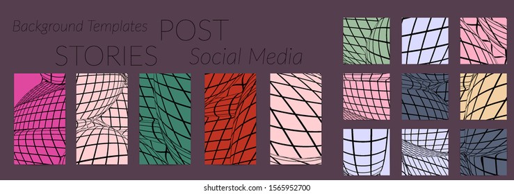 Abstract wireframe social media template with visual distortion effect. Optical art background. Warped 3D space. Futuristic vector illustration with grid on flat colored background