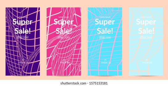 Abstract wireframe social media template with visual distortion effect. Optical art background. Warped 3D space. Futuristic vector illustration with grid on flat colored background