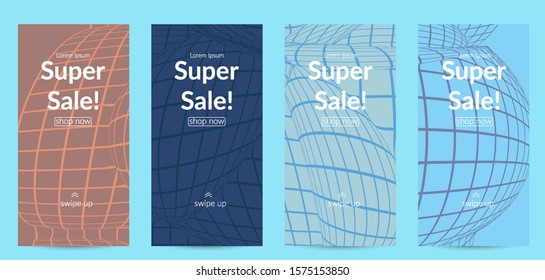 Abstract wireframe social media template with visual distortion effect. Optical art background. Warped 3D space. Futuristic vector illustration with grid on flat colored background