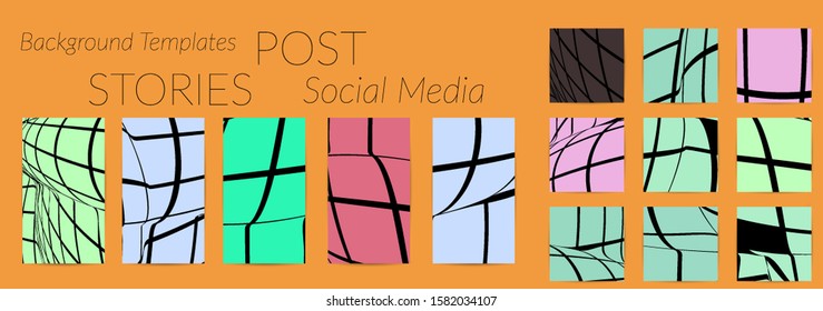 Abstract wireframe social media template with visual distortion effect. Optical art background. Warped 3D space. Futuristic vector illustration with grid on flat colored background