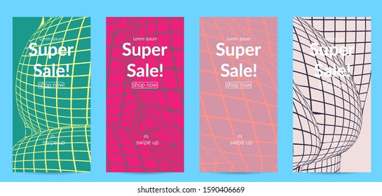 Abstract wireframe social media template with visual distortion effect. Optical art background. Warped 3D space. Futuristic vector illustration with grid on flat colored background