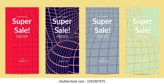 Abstract wireframe social media template with visual distortion effect. Optical art background. Warped 3D space. Futuristic vector illustration with grid on flat colored background