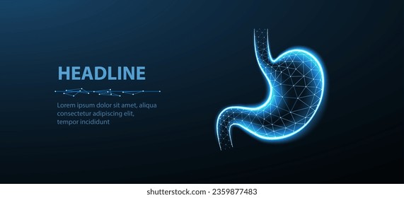 Abstract wireframe stomach illustrration. Stomach anatomy, 3D gastroenterology, gut health, endoscopy technology, digestive system, gastric organ, acid reflux disease, healthy intestine concept