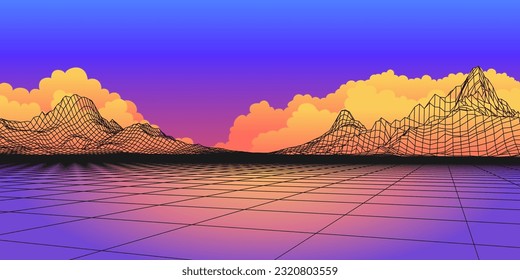Abstract wireframe stroke  in clouds background. 3D grid technology illustration landscape. Digital Terrain Cyberspace in Mountains with valleys. Data Array. Colors. Vector Illustration.