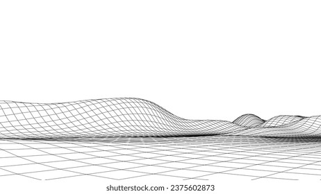 Abstract wireframe terrain. Vector landscape of white mountains. Futuristic polygonal background. Technology perspective grid with 3d landscape. Retro design.