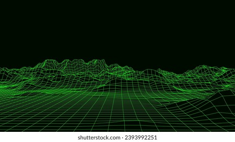 Abstract wireframe terrain. Vector landscape of green mountains. Futuristic polygonal background. Technology perspective grid with 3d landscape. Retro design.