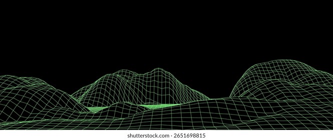 Abstract wireframe terrain. Vector landscape of green mountains. Futuristic polygonal background. Technology perspective grid with 3d landscape. Retro design.