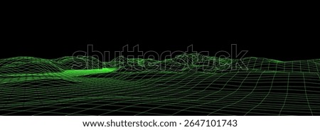 Abstract wireframe terrain. Vector landscape of green mountains. Futuristic polygonal background. Technology perspective grid with 3d landscape. Retro design.