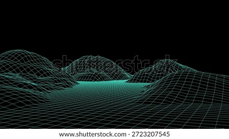 Abstract wireframe terrain. Vector landscape of blue mountains. Futuristic polygonal background. Technology perspective grid with 3d landscape. Retro design.