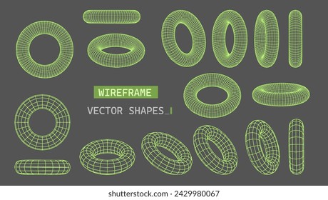 Abstract wireframe torus grid set. Geometric 3D polygonal shapes in brutalism style