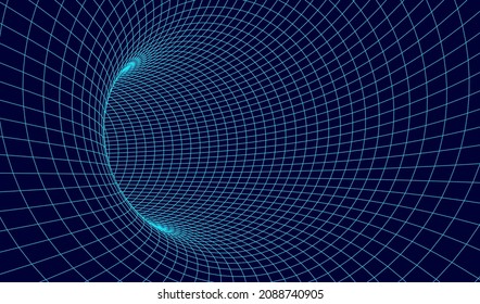 Abstract wireframe tunnel. Blue science wormhole. Vector 3D portal grid. Futuristic fantasy funnel.