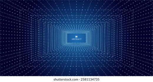 Abstract wireframe tunnel. Blue wormhole. 3D portal grid. Futuristic fantasy square funnel. 3d rendering