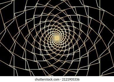 Abstract wireframe tunnel. The gold line rotates cards on the black background. Vector illustration.