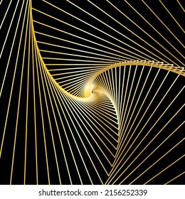 Abstract wireframe tunnel. The gold line rotates on the black background. Vector illustration.