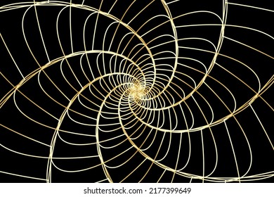 Abstract wireframe tunnel. The gold line rotates flower on the black background. Vector illustration.