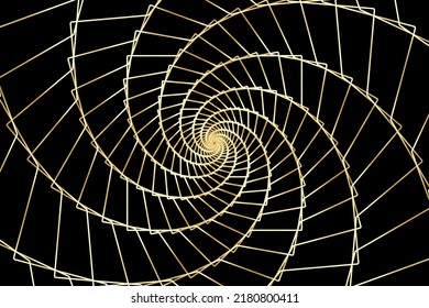 Abstract wireframe tunnel. The gold line rotates on the black background. Vector illustration.