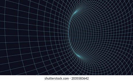 Abstract wireframe tunnel. Light science wormhole. Vector 3D portal grid. Futuristic fantasy funnel.