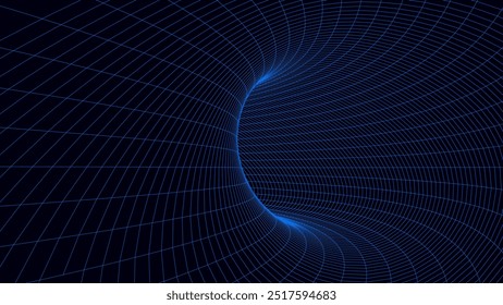 Abstract wireframe tunnel. Light science wormhole. Vector 3D portal grid. Futuristic fantasy funnel.