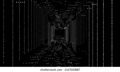 Abstract wireframe tunnel. Vector black wormhole. 3D portal grid. Futuristic fantasy funnel.