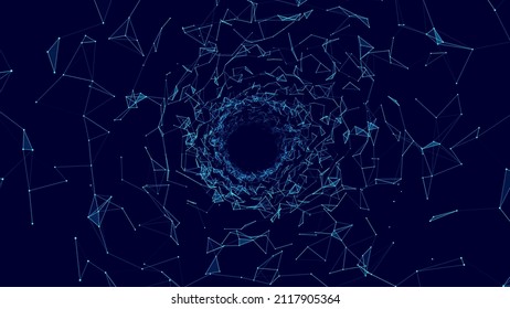 Abstract wireframe tunnel. Vector blue wormhole. 3D portal grid. Futuristic fantasy funnel.