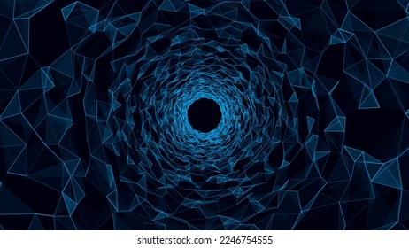 Abstract wireframe tunnel. Vector blue wormhole. 3D portal grid. Futuristic fantasy funnel.
