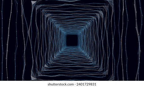 Abstrakter Wireframe-Tunnel. Vektorblaues Wurmloch. 3D-Portal-Raster. Futuristischer Fantasy-Funnel.