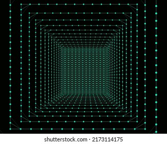Abstract wireframe tunnel. Vector green wormhole. 3D portal grid. Futuristic fantasy funnel.