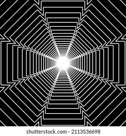 Abstract wireframe tunnel. The white line octagon on the black background. Vector illustration.