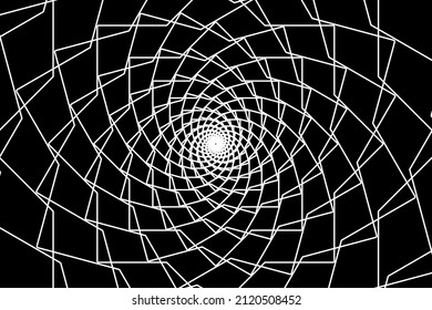 Abstract wireframe tunnel. The white line rotates cards on the black background. Vector illustration.
