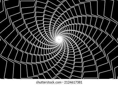 Abstract wireframe tunnel. The white line rotates cards on the black background. Vector illustration.