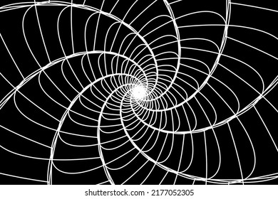 Abstract wireframe tunnel. The white line rotates flower on the black background. Vector illustration.