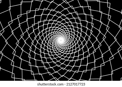 Abstrakter Wireframe-Tunnel. Die weiße rotierende Linie auf schwarzem Hintergrund. Vektorgrafik.