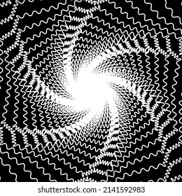 Abstract wireframe tunnel. The white wavy lines rotate on the black background. Vector illustration.