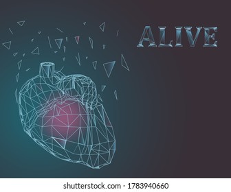 Abstract wireframe vector illustration on dark blue.  Low poly starry sky digital 3d modern image or background. Polygonal knight sign.Vector isolated heart with pain center. 