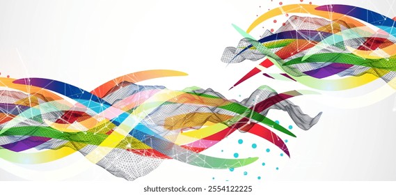 Abstract wireframe wave with colored lines in wave style. Plexus effect. Hand drawn vector.