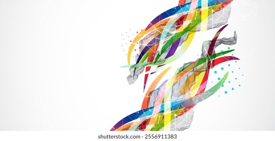 Abstract wireframe wave with colored lines in wave style. Plexus effect. Hand drawn vector.