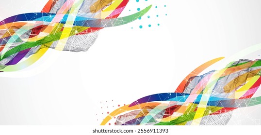 Abstract wireframe wave with colored lines in wave style. Plexus effect. Hand drawn vector.