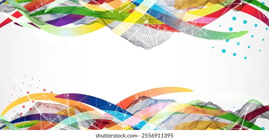 Abstract wireframe wave with colored lines in wave style. Plexus effect. Hand drawn vector.