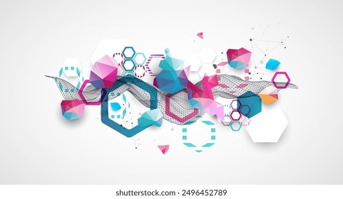 Abstract wireframe wave with colorful hexagons and plexus effect. Scientific and technological background. Vector.