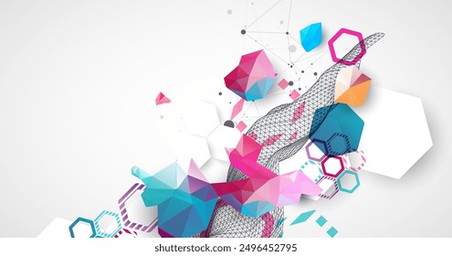 Abstract wireframe wave with colorful hexagons and plexus effect. Scientific and technological background. Vector.