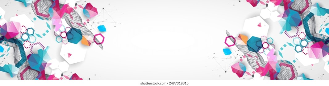 Abstract wireframe wave with colorful hexagons and plexus effect. Scientific and technological background. Vector.