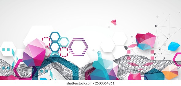 Abstract wireframe wave with colorful hexagons and plexus effect. Scientific and technological background. Vector.