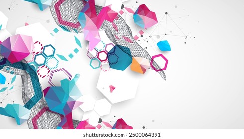 Onda de alambre Abstractas con hexágonos coloridos y efecto plexo. Antecedentes científicos y tecnológicos. Vector.